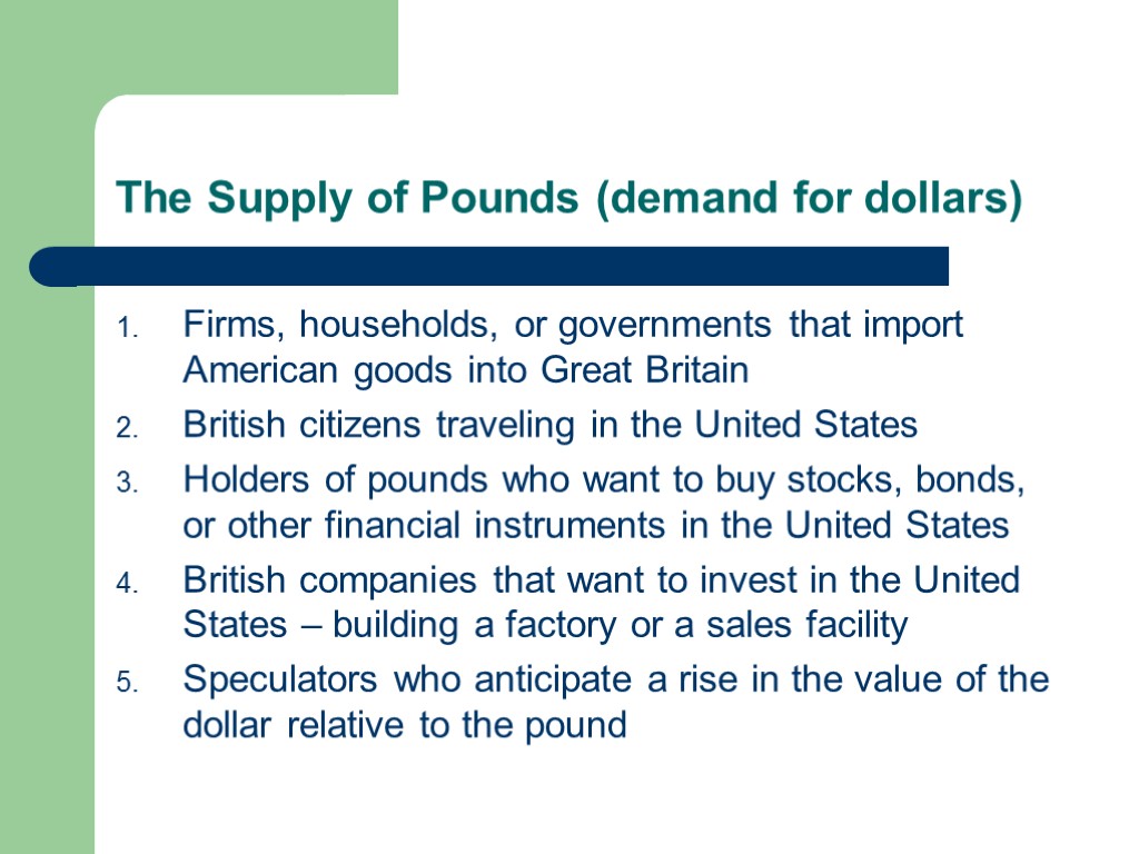 The Supply of Pounds (demand for dollars) Firms, households, or governments that import American